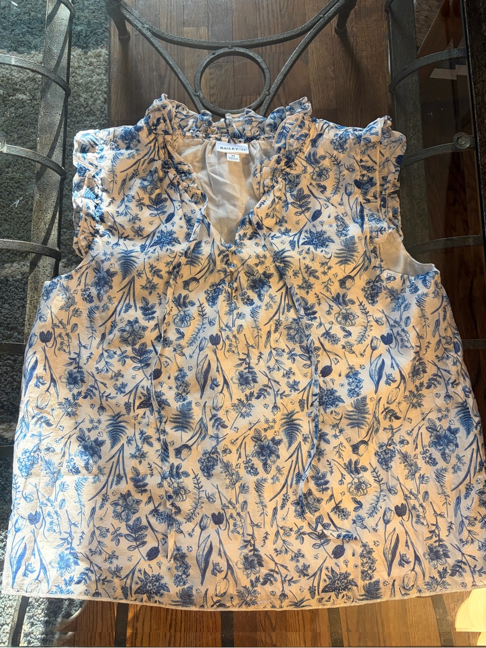 Bailey 44 Blue Floral Ruffle-Neck Sleeveless Top - White/Blue